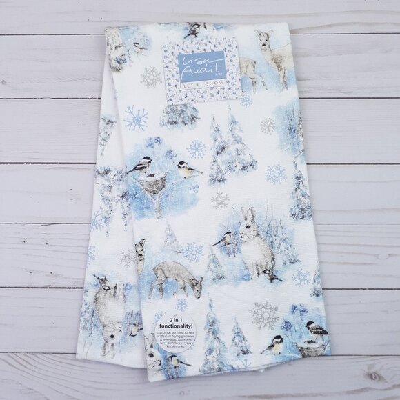Kitchen Dish Towel Snowy Forest Winter Animals Bunny Deer Birds Dual Purpose - Picture 1 of 3